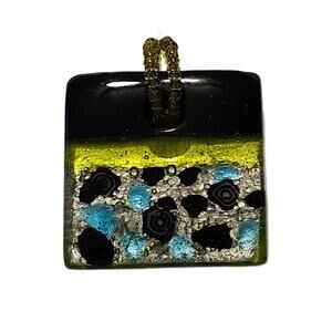 Vintage Black and Green Fused Glass Pendant, 1.5" Long